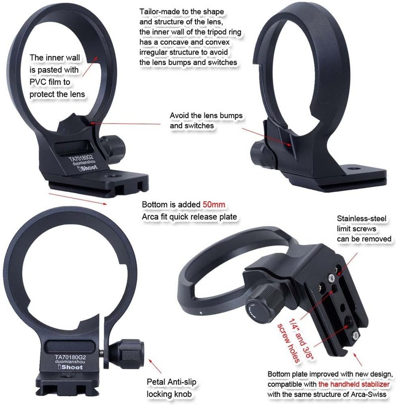 iShoot Tripod Mount Ring Lens Collar Compatible with Tamron 70-180mm f/2.8 Di III VC VXD G2 A065 E-Mount, Support Holder Bracket Arca-Swiss Fit Quick Release Plate for Arca Fit Head Clamp & Stabilizer - Image 3